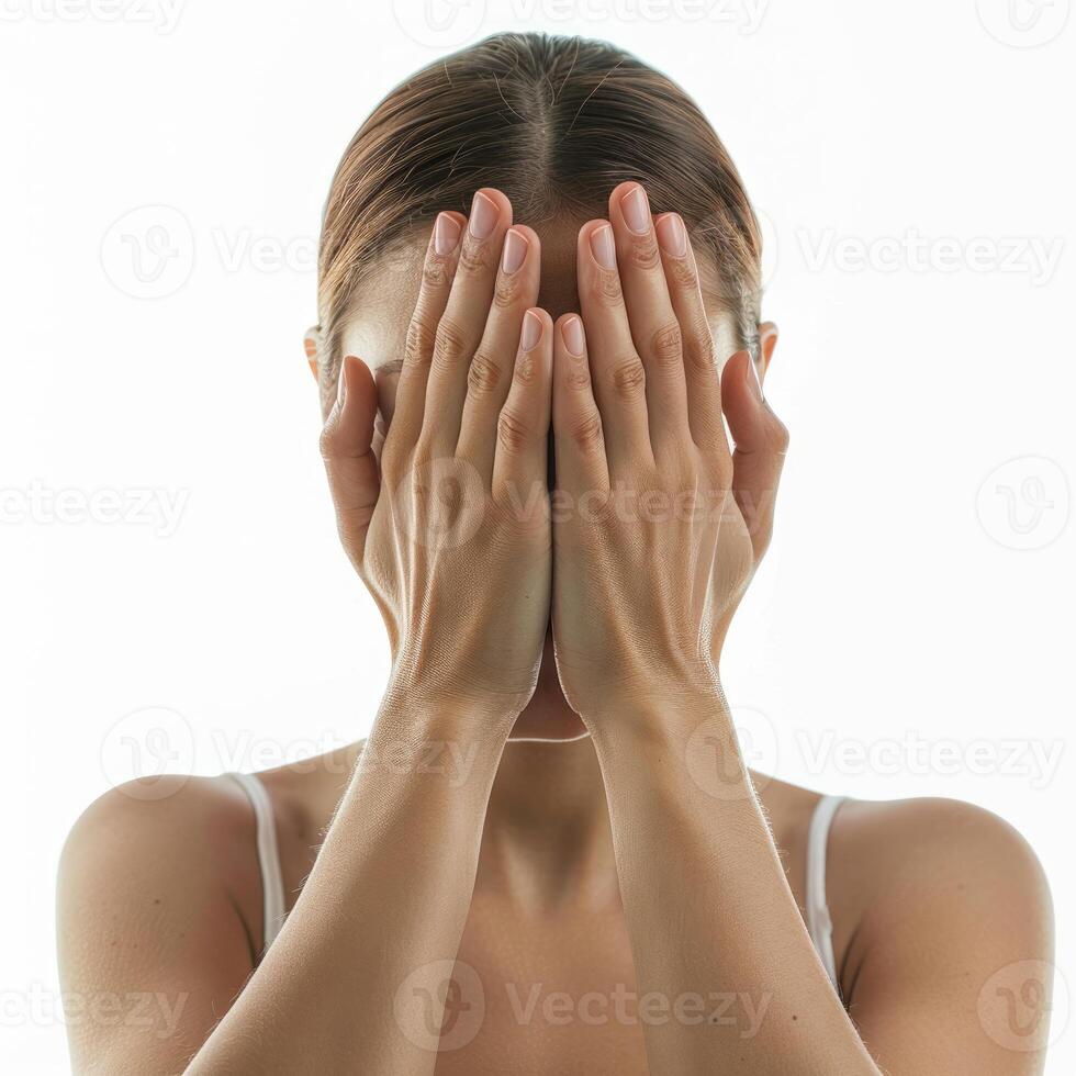 Young woman covering face with hands expressing shame and fear photo