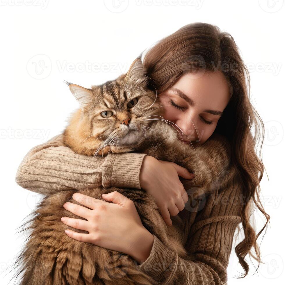 Young woman hugging her fluffy maine cat with closed eyes photo