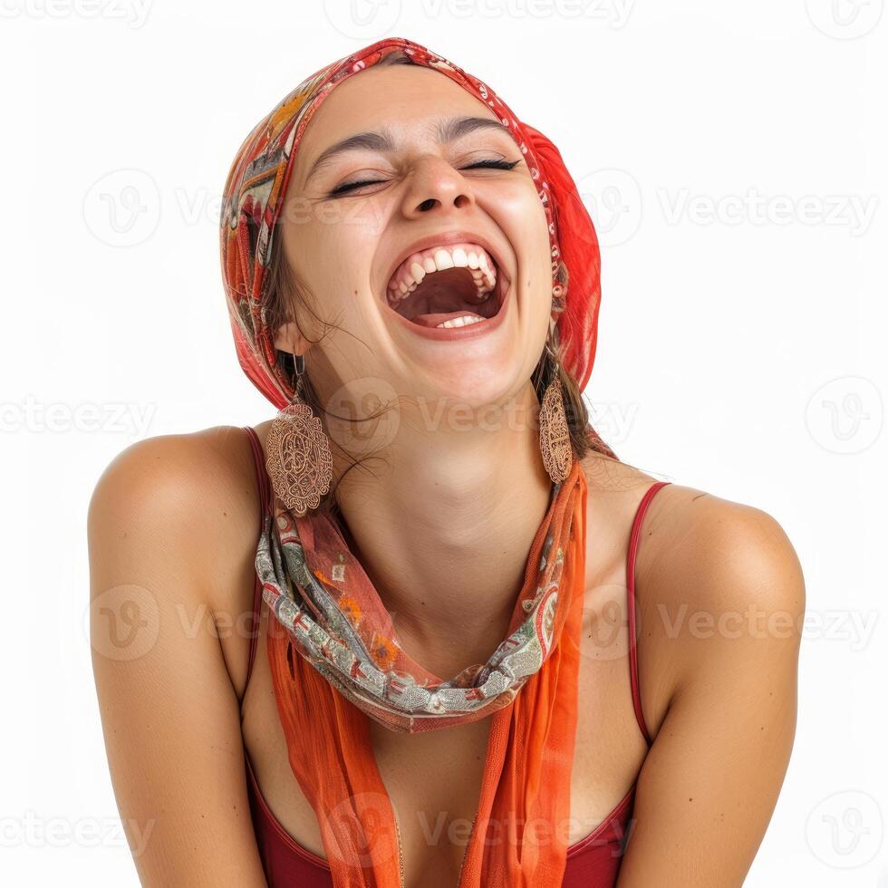 Young woman wearing orange headscarf and scarf is laughing with eyes closed photo
