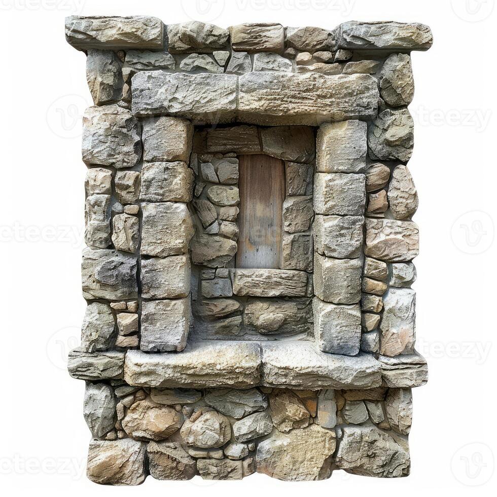 Old stone window showing deteriorating wooden shutter in ancient wall photo