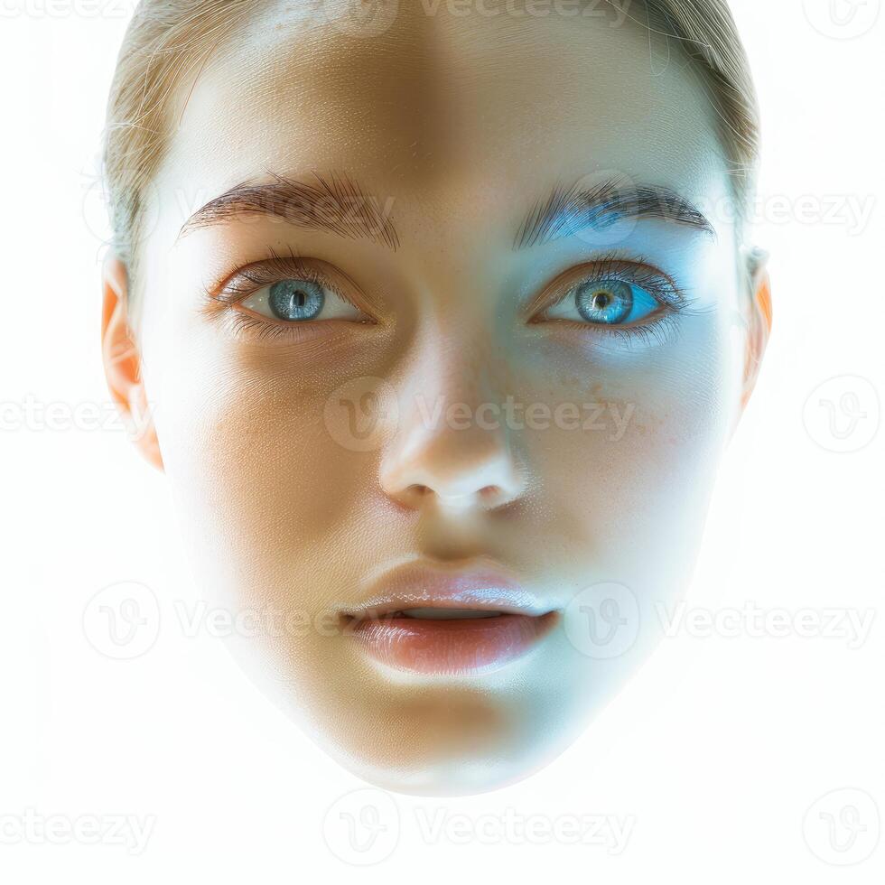 Young woman with perfect skin posing under blue and warm light photo