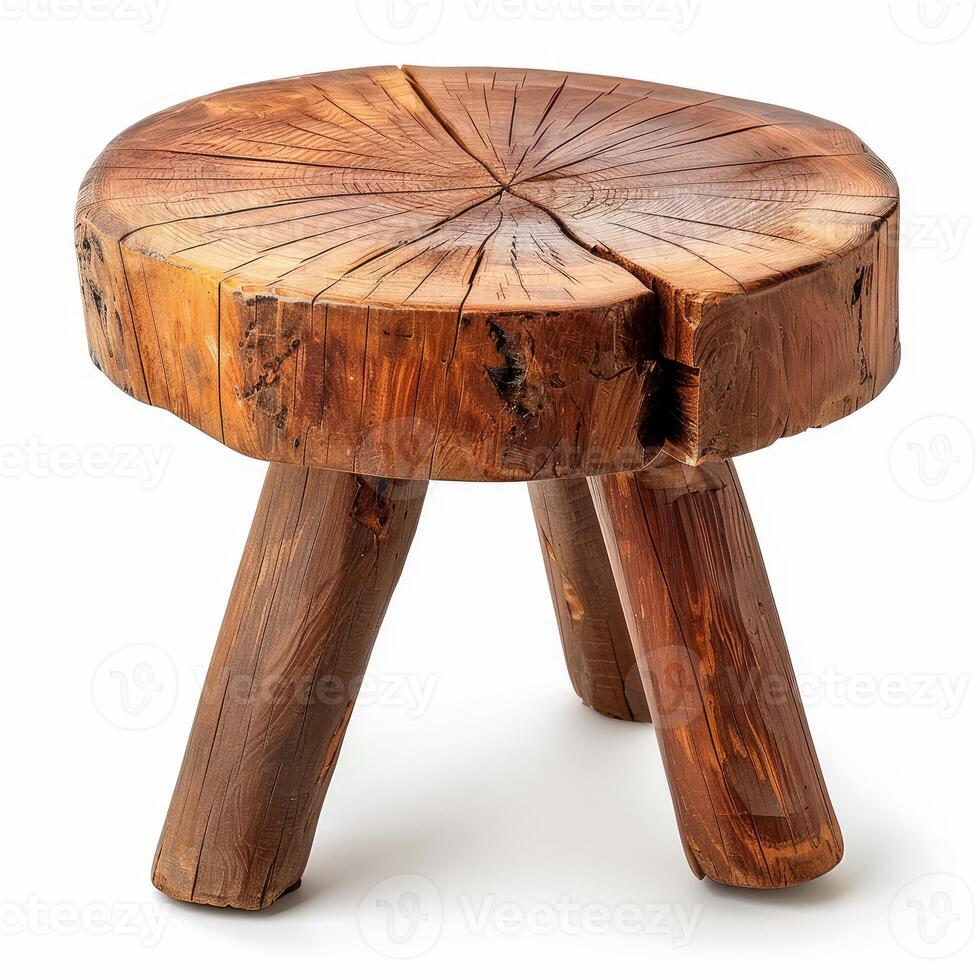 Small rustic wooden stool showing growth rings on white background photo
