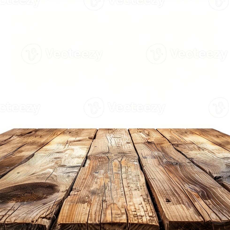 Empty rustic wooden table top against white background photo