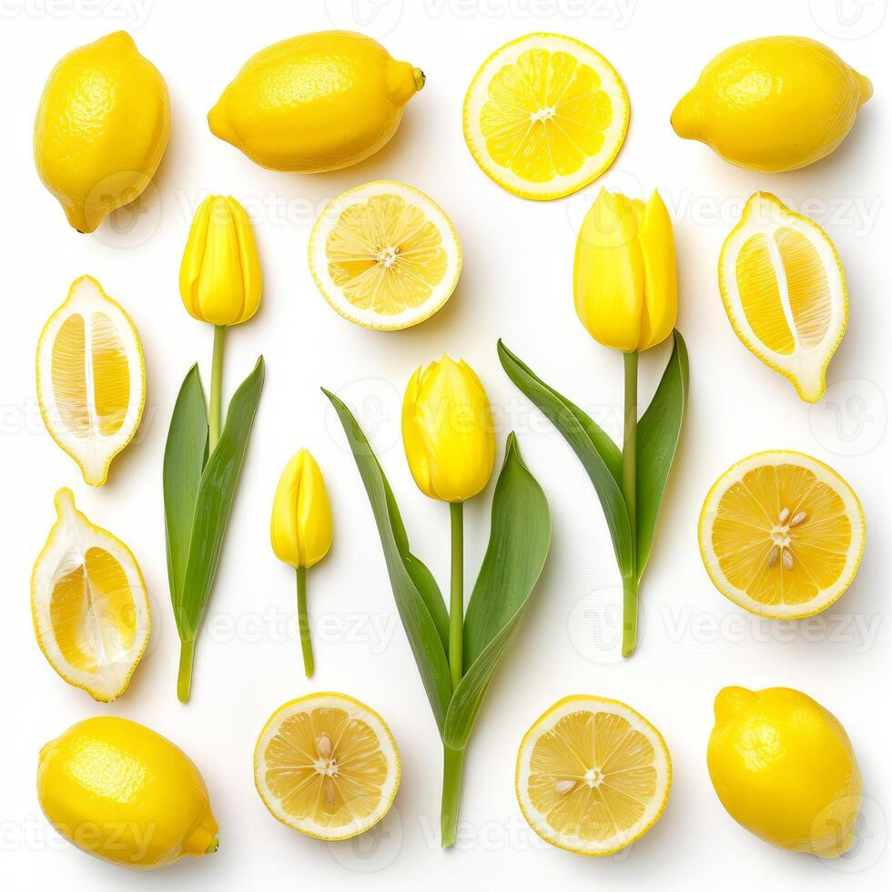 Yellow tulips and lemons creating a vibrant spring pattern photo