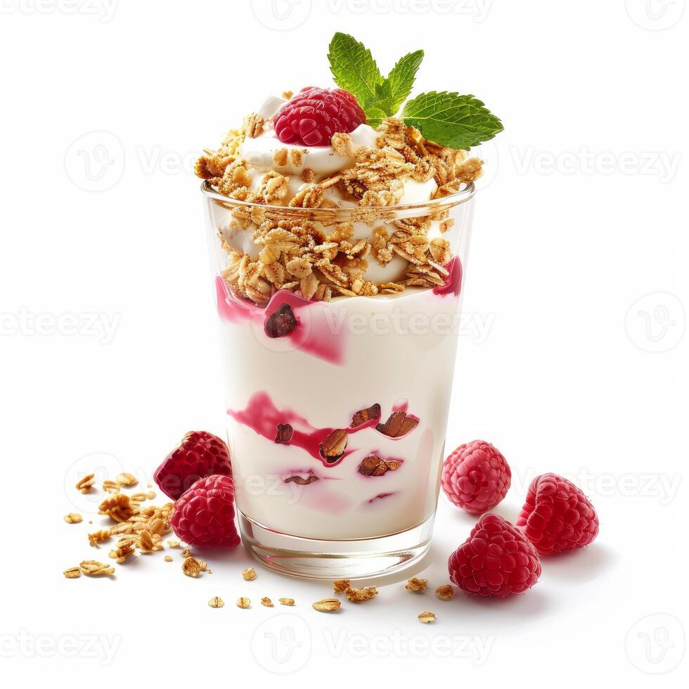 Delicious yogurt parfait layered with raspberry sauce, granola and fresh mint photo