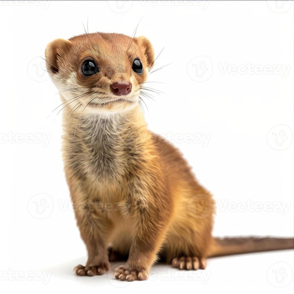 Mountain weasel sitting and looking up on white background photo