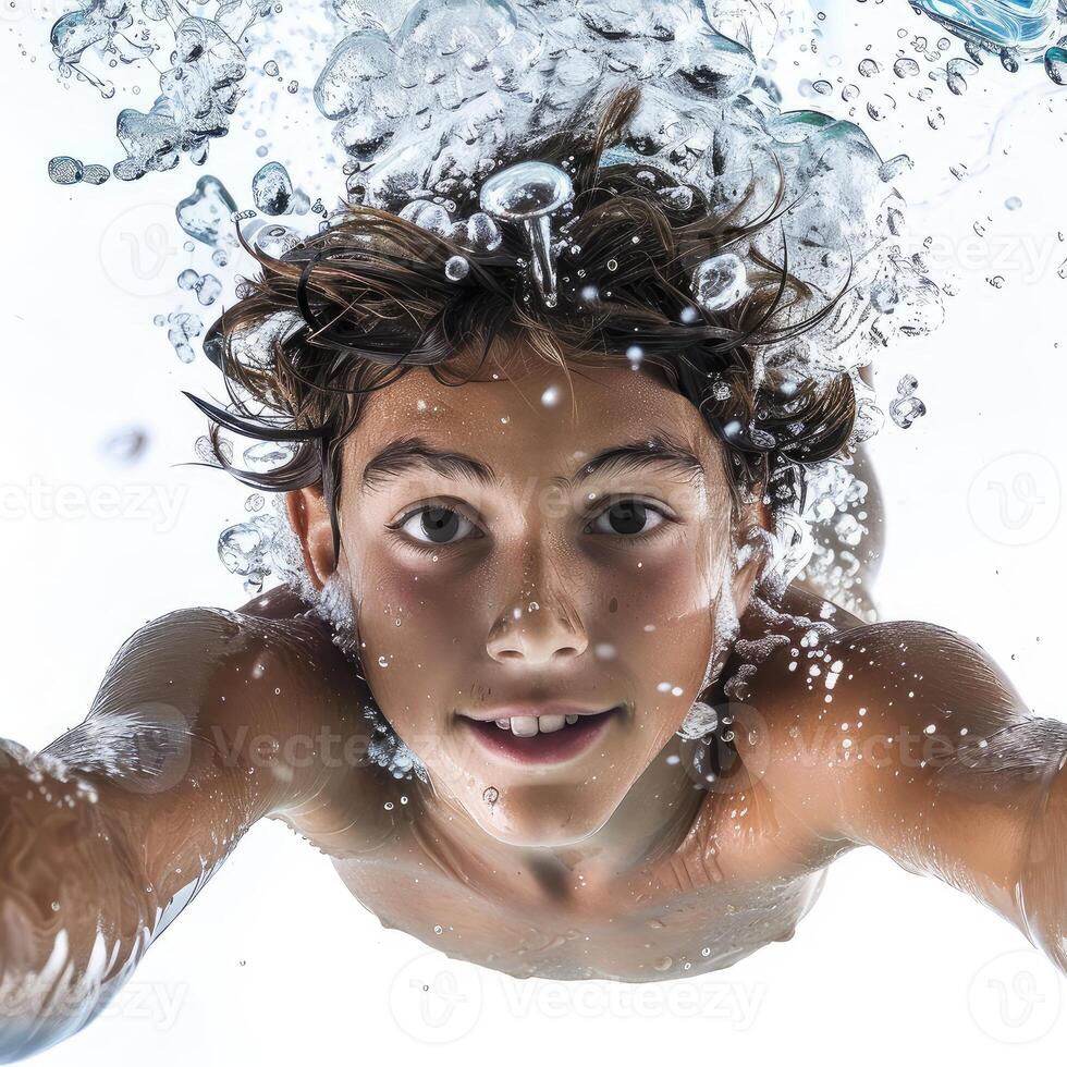 Young boy swimming underwater with air bubbles photo