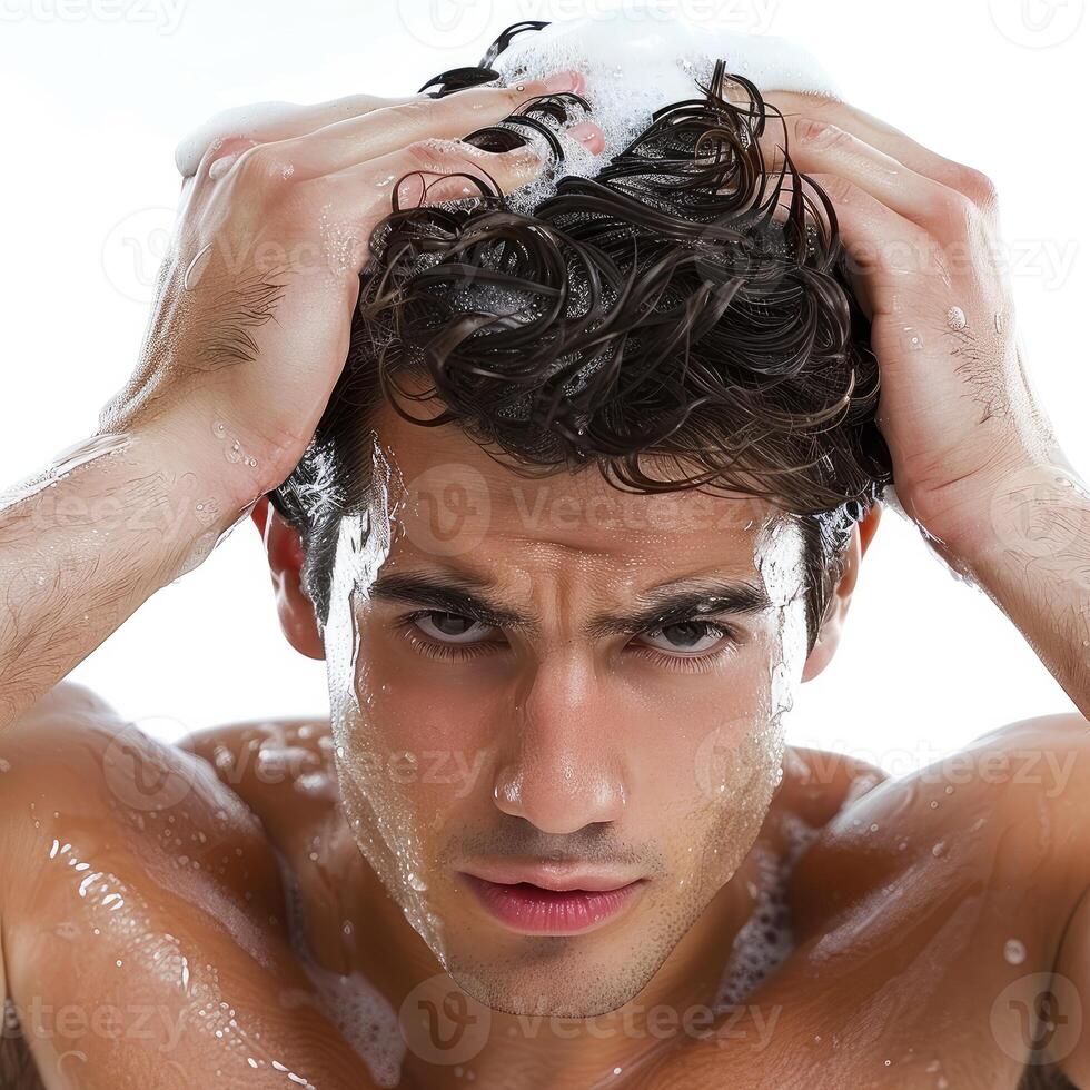 Handsome man washing hair with shampoo and soap foam photo