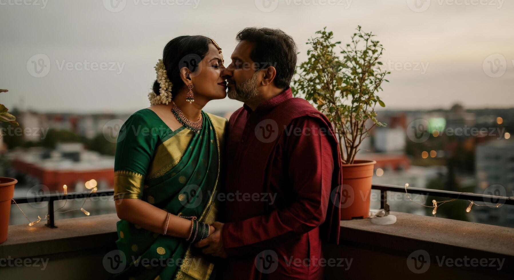 Romantic elderly indian couple embracing on balcony at dusk for celebratory occasion design photo