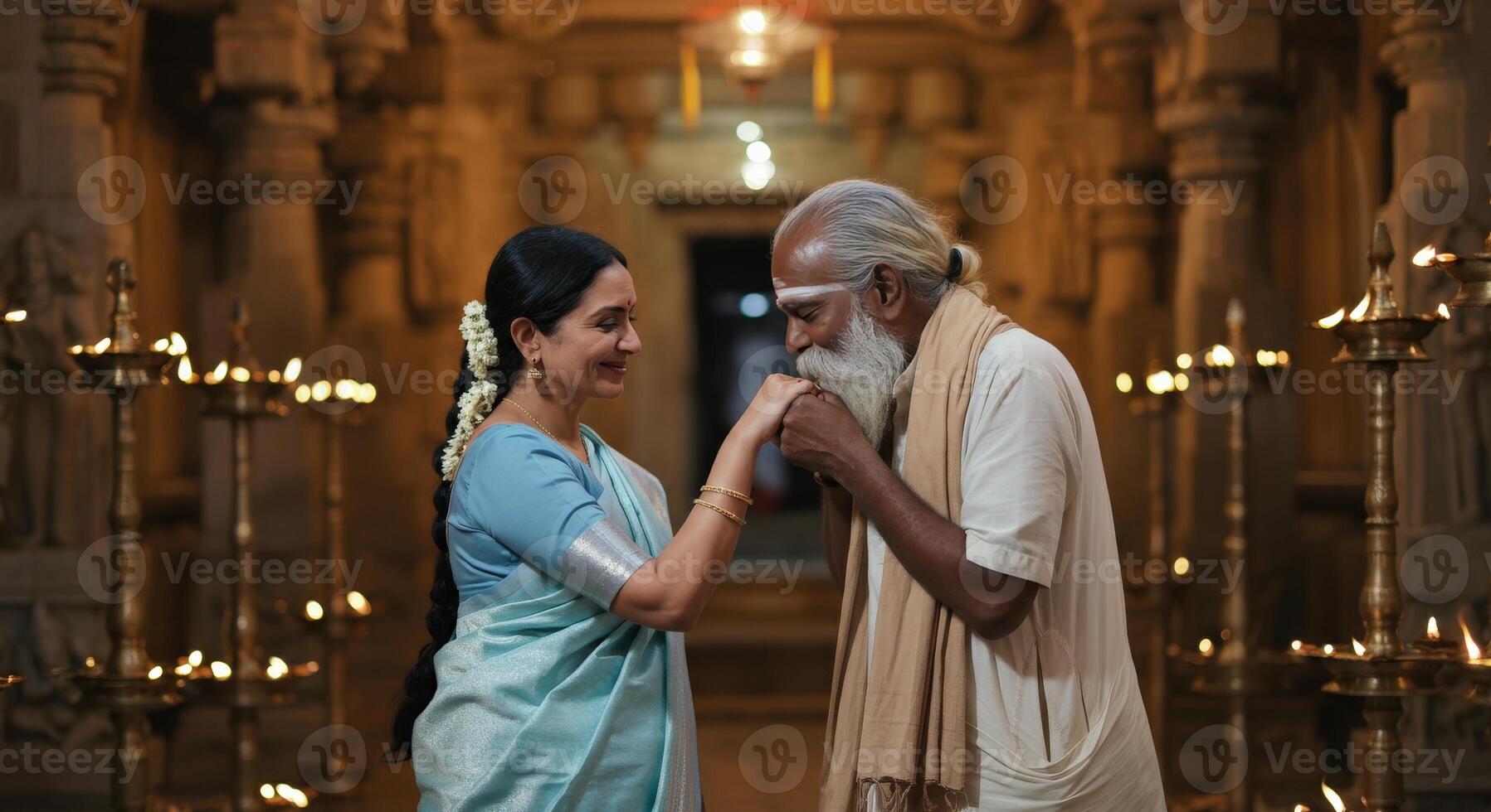 Elderly indian couple in traditional attire sharing a sweet moment in temple setting photo