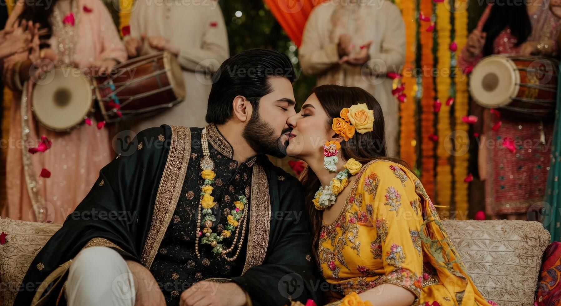 Colorful south asian wedding celebration with romantic embrace and traditional attire photo
