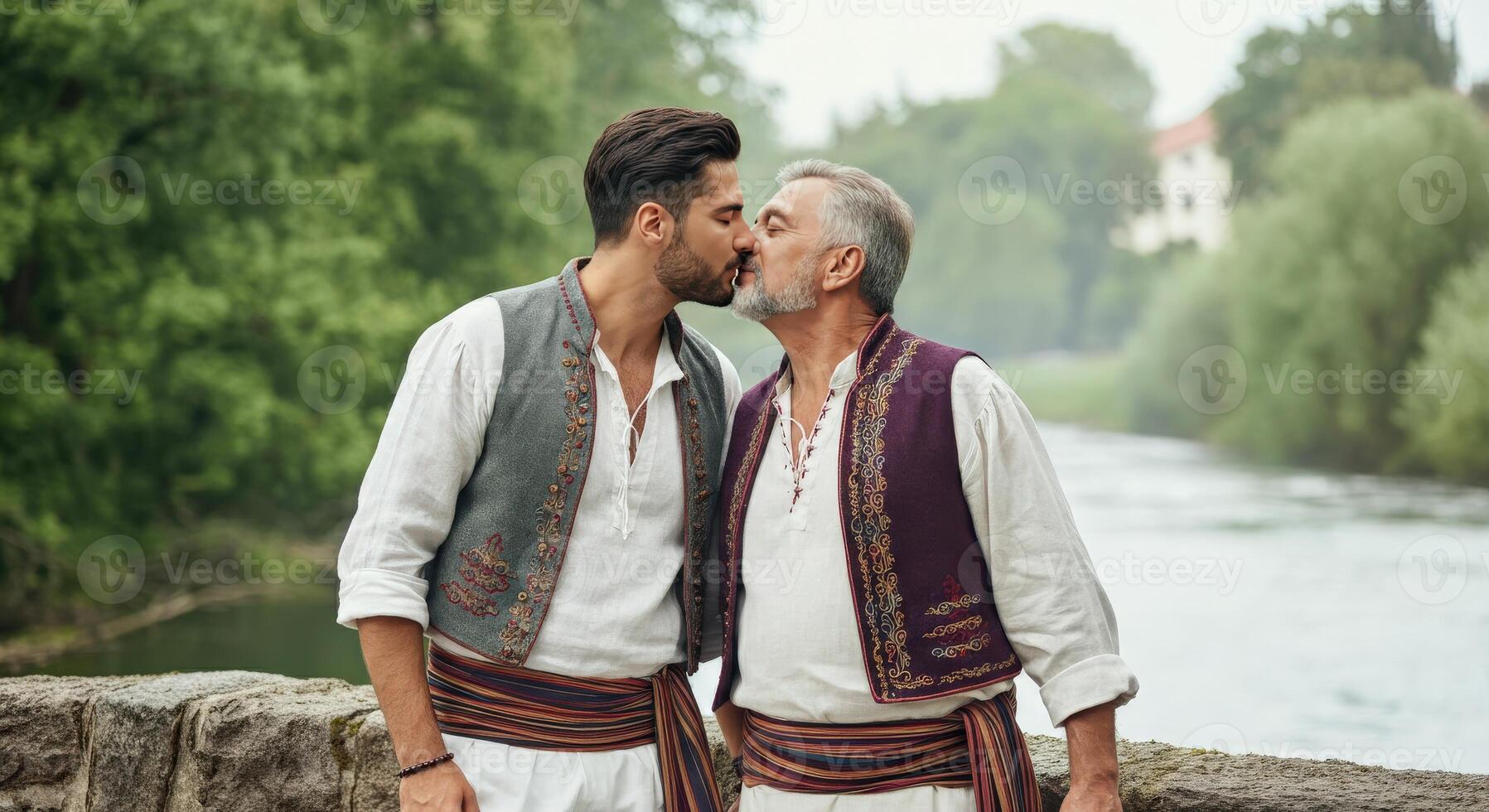 Romantic moment bridge side in traditional attire by river photo