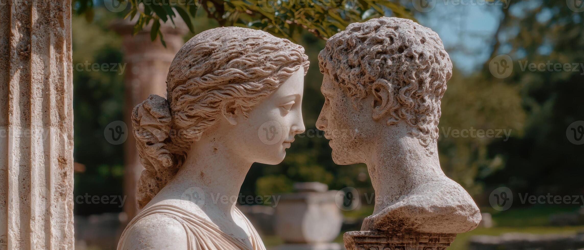 Ancient stone sculptures face each other in a garden setting photo
