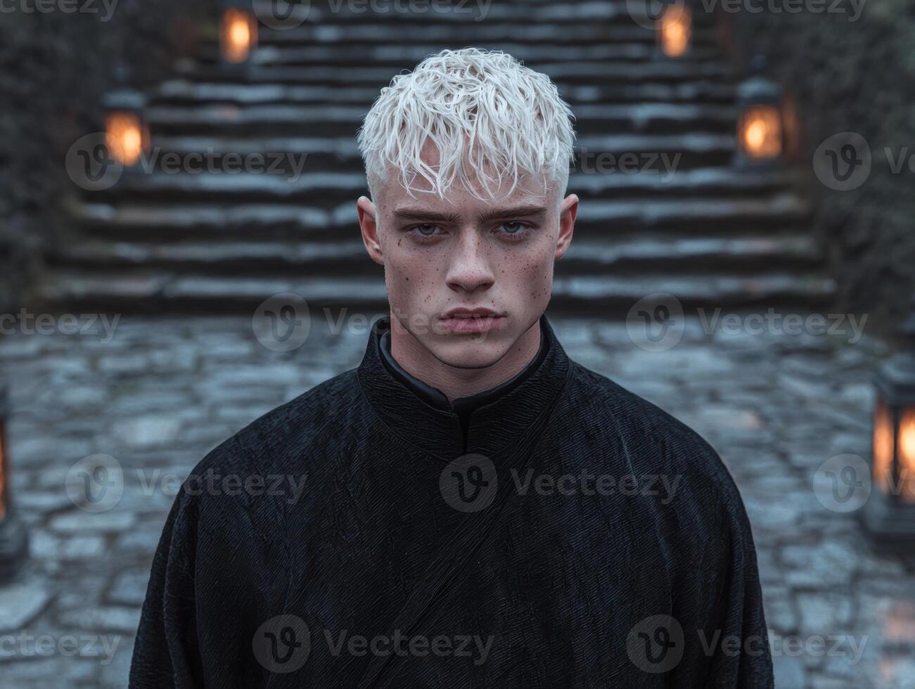 Mysterious man with short white hair in dark clothing photo