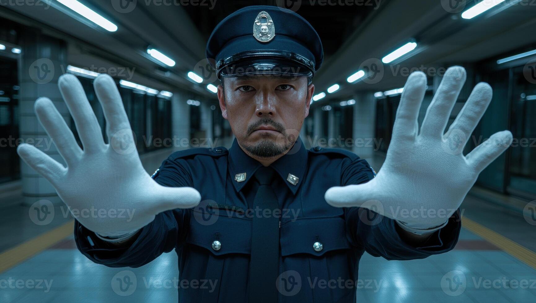 Transit police officer with white gloves signaling stop photo