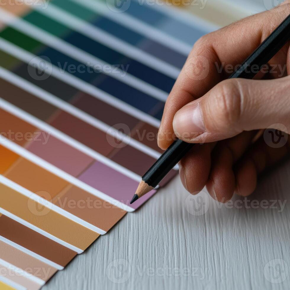 Close up of a hand holding a pencil over a color swatch book photo