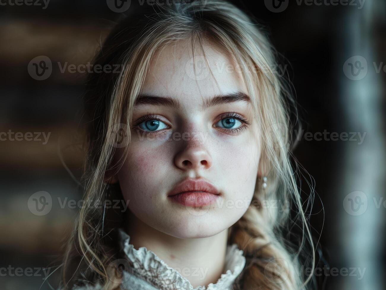 Portrait of a young woman with blonde hair and blue eyes. photo