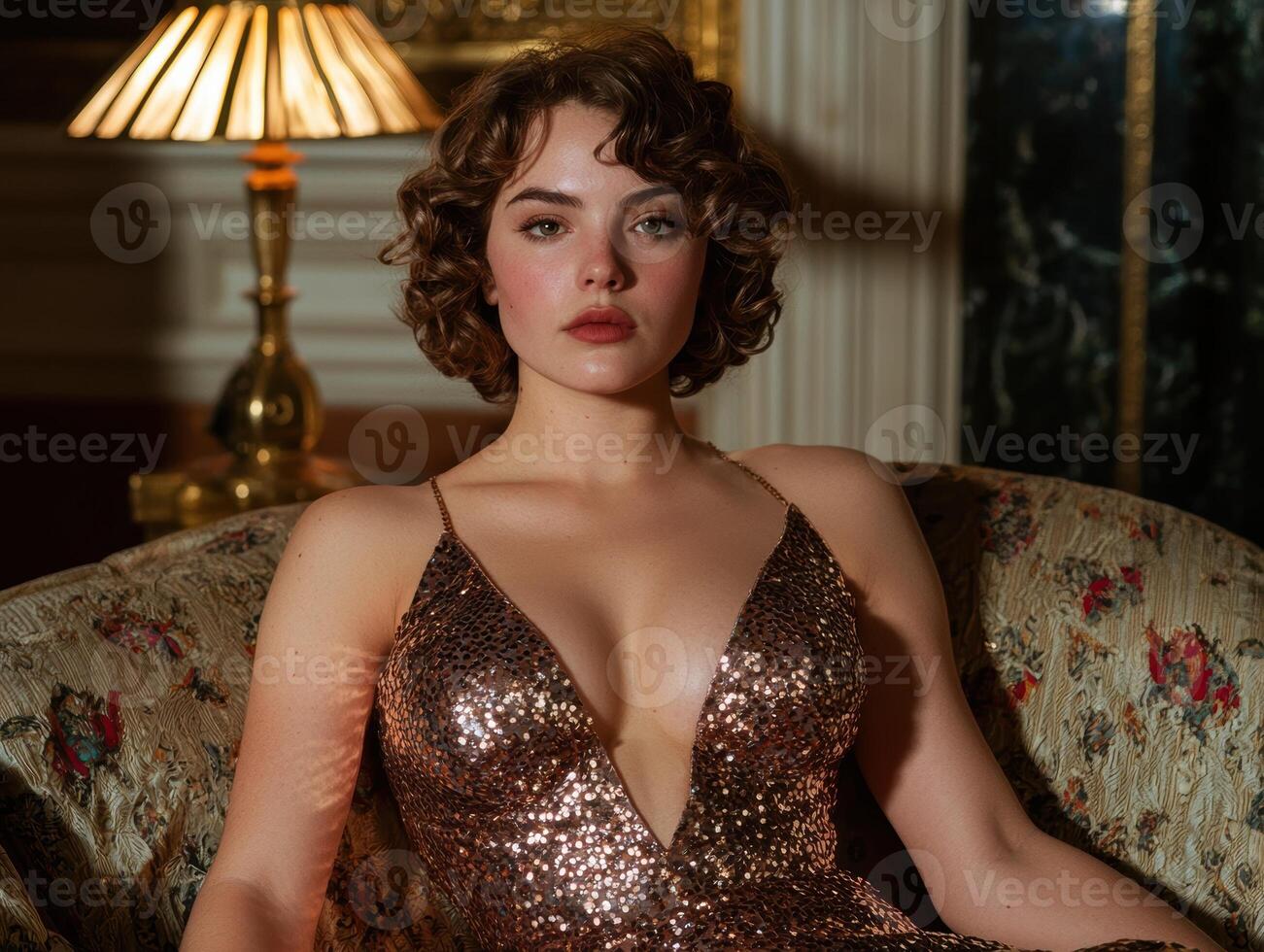 Elegant woman in a sparkly dress sitting on a vintage couch photo