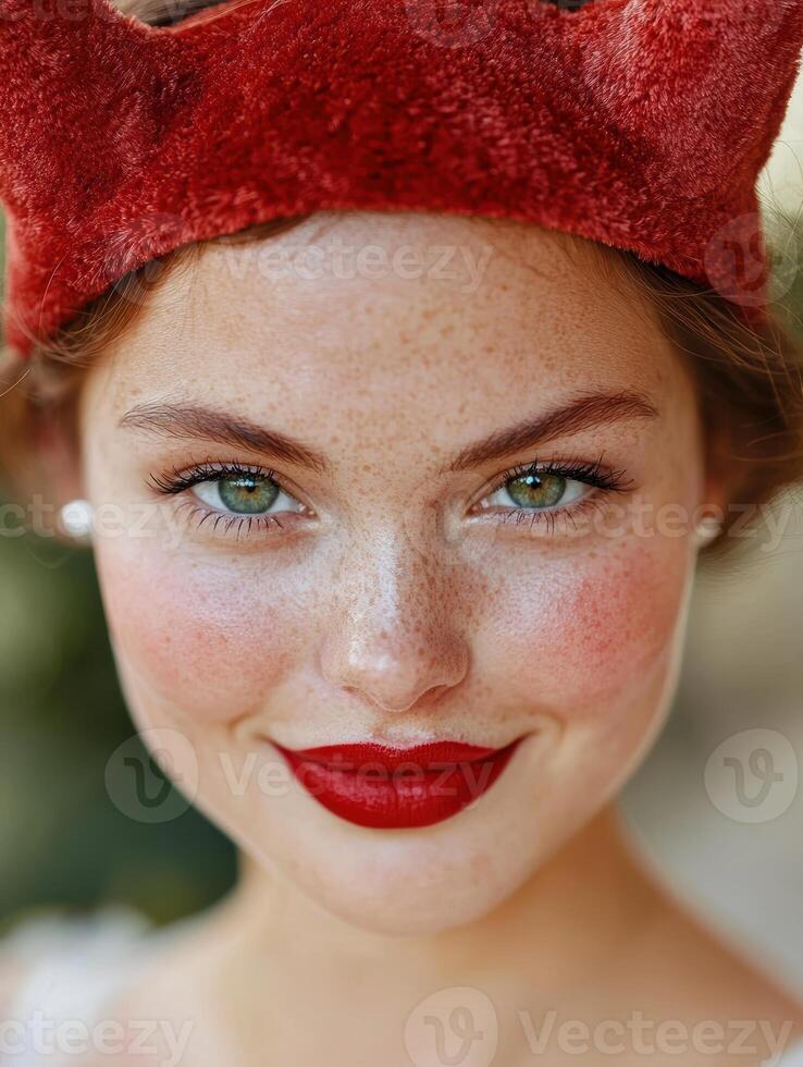 Close up portrait of a young woman with freckles and red lipstick, wearing a red crown headband photo