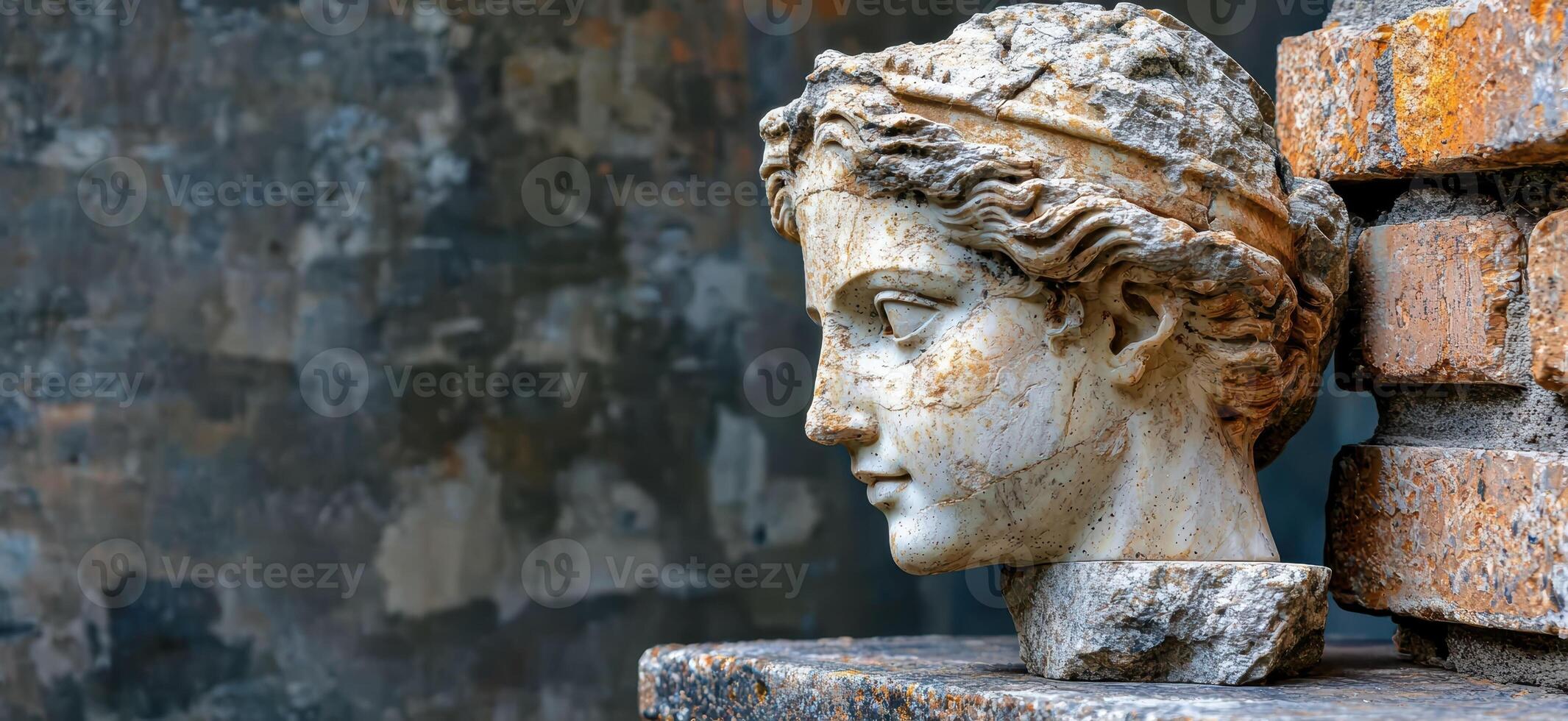 Ancient weathered stone bust of a woman against a brick wall photo