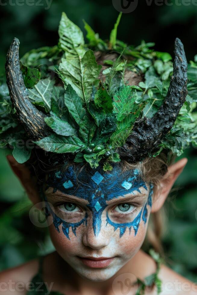 Close up of a child with face paint and leaf crown photo