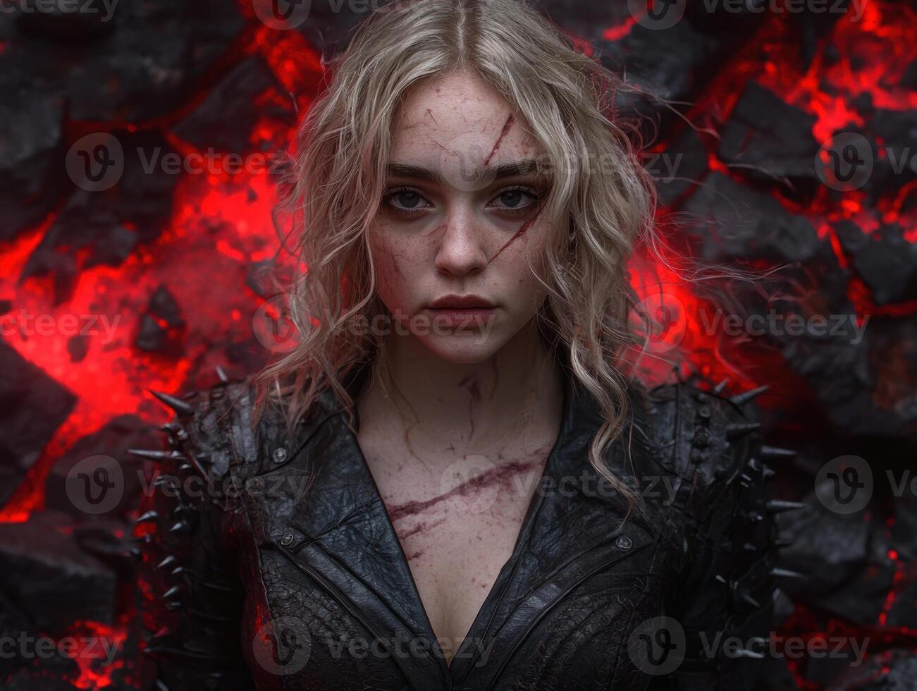 Fierce female warrior with scars, red background photo