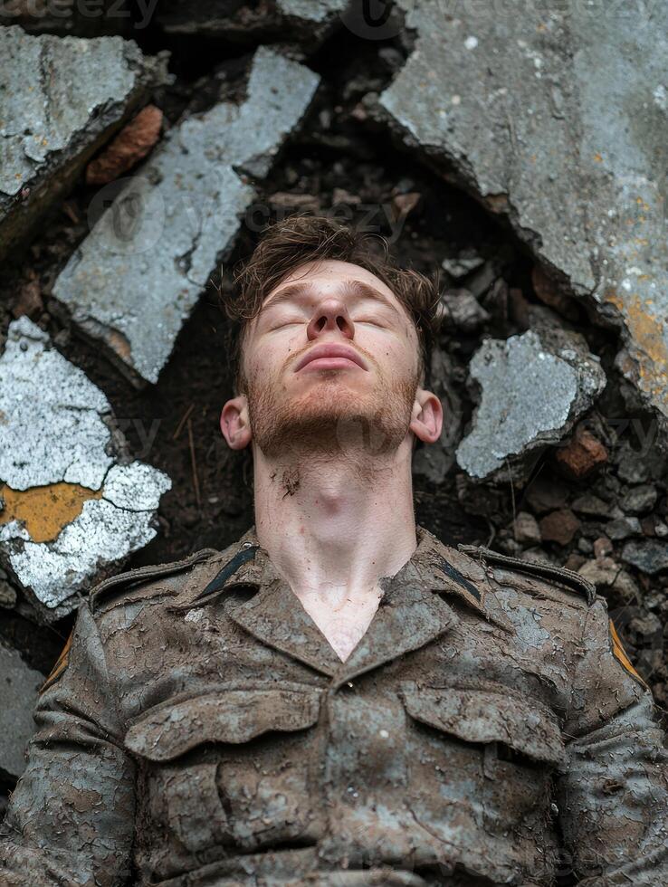 Muddy soldier lying on the ground, eyes closed photo