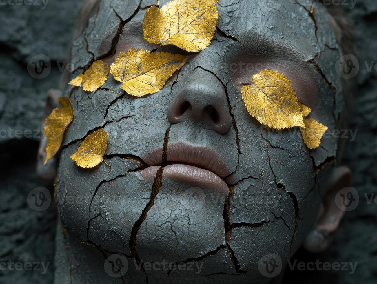 Close up of a face with cracked, gray skin and gold leaves photo
