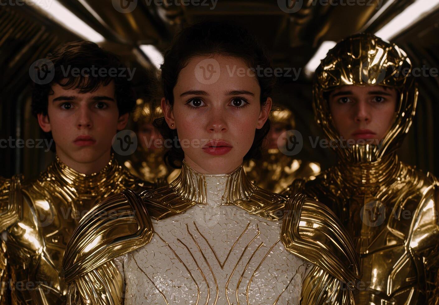 Futuristic soldiers in golden armor stand in a line photo
