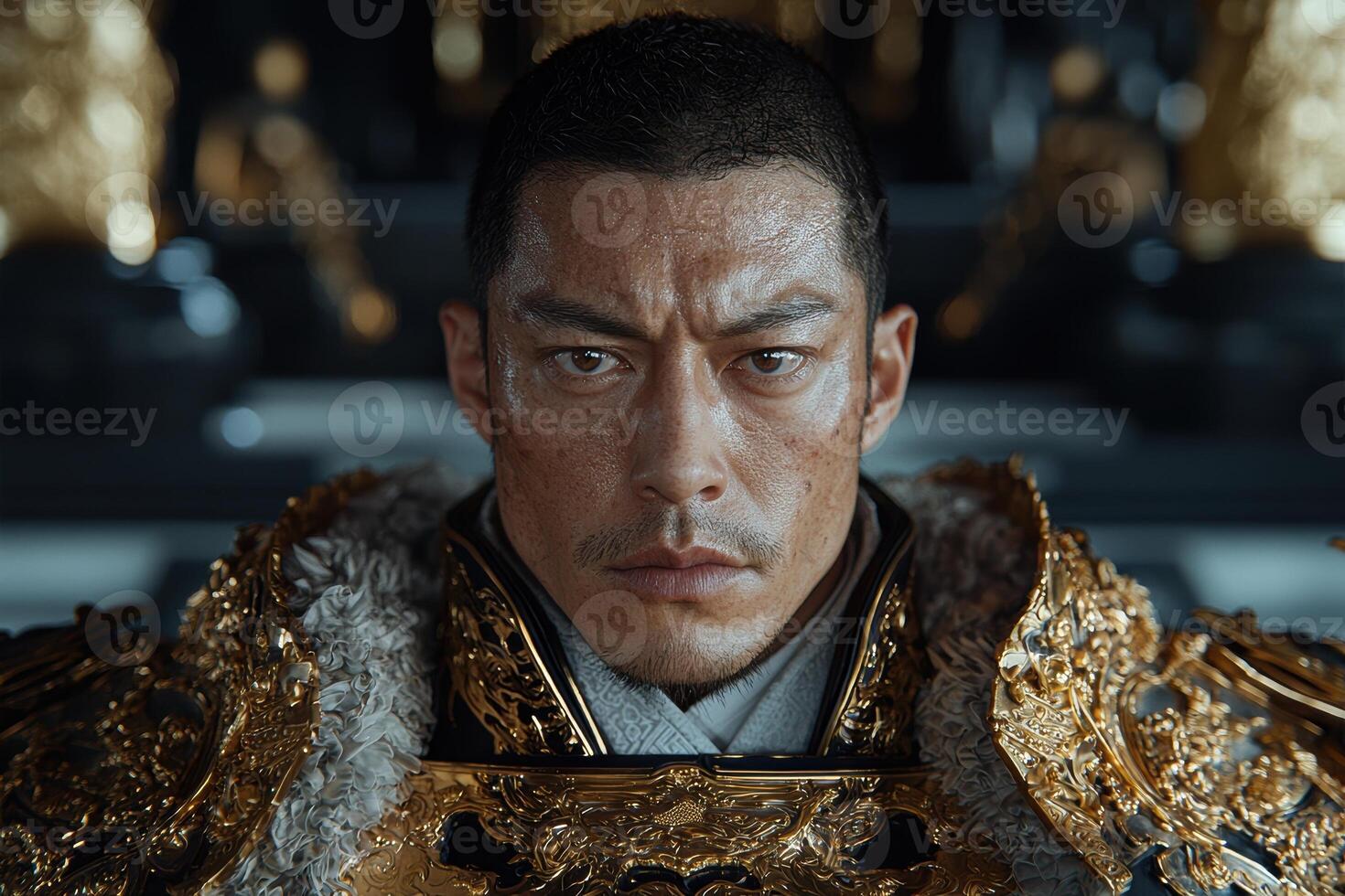 Close up portrait of a man in ornate gold armor photo