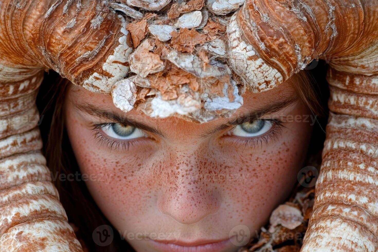 Close up portrait of a child with horns and freckles photo