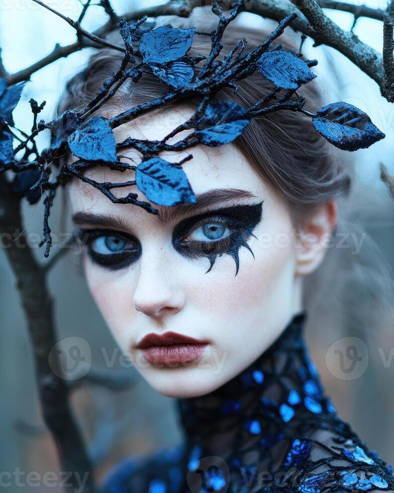 Close up portrait of a woman with dark fantasy makeup and a crown of dark branches photo