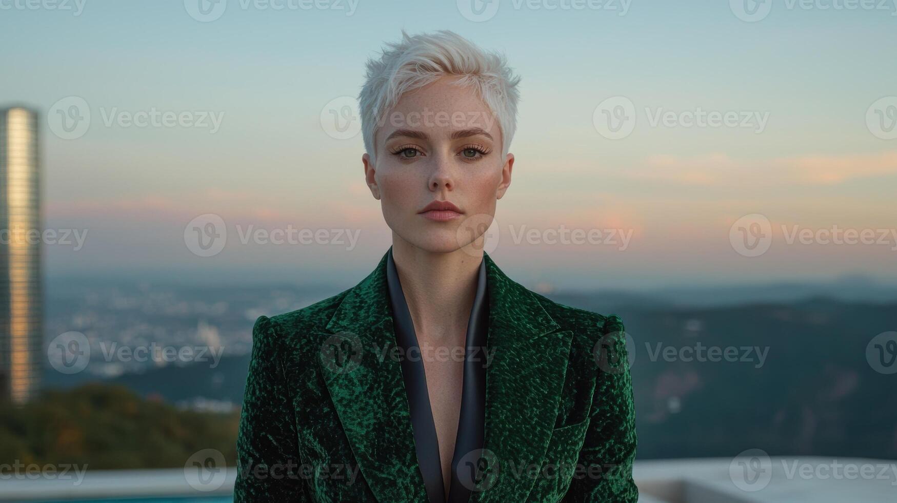 Confident woman with short blonde hair in a green velvet blazer photo