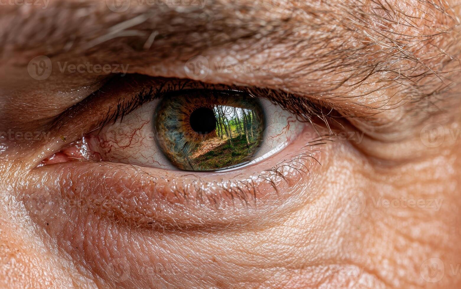 Close up of a human eye with a forest reflected in the pupil photo