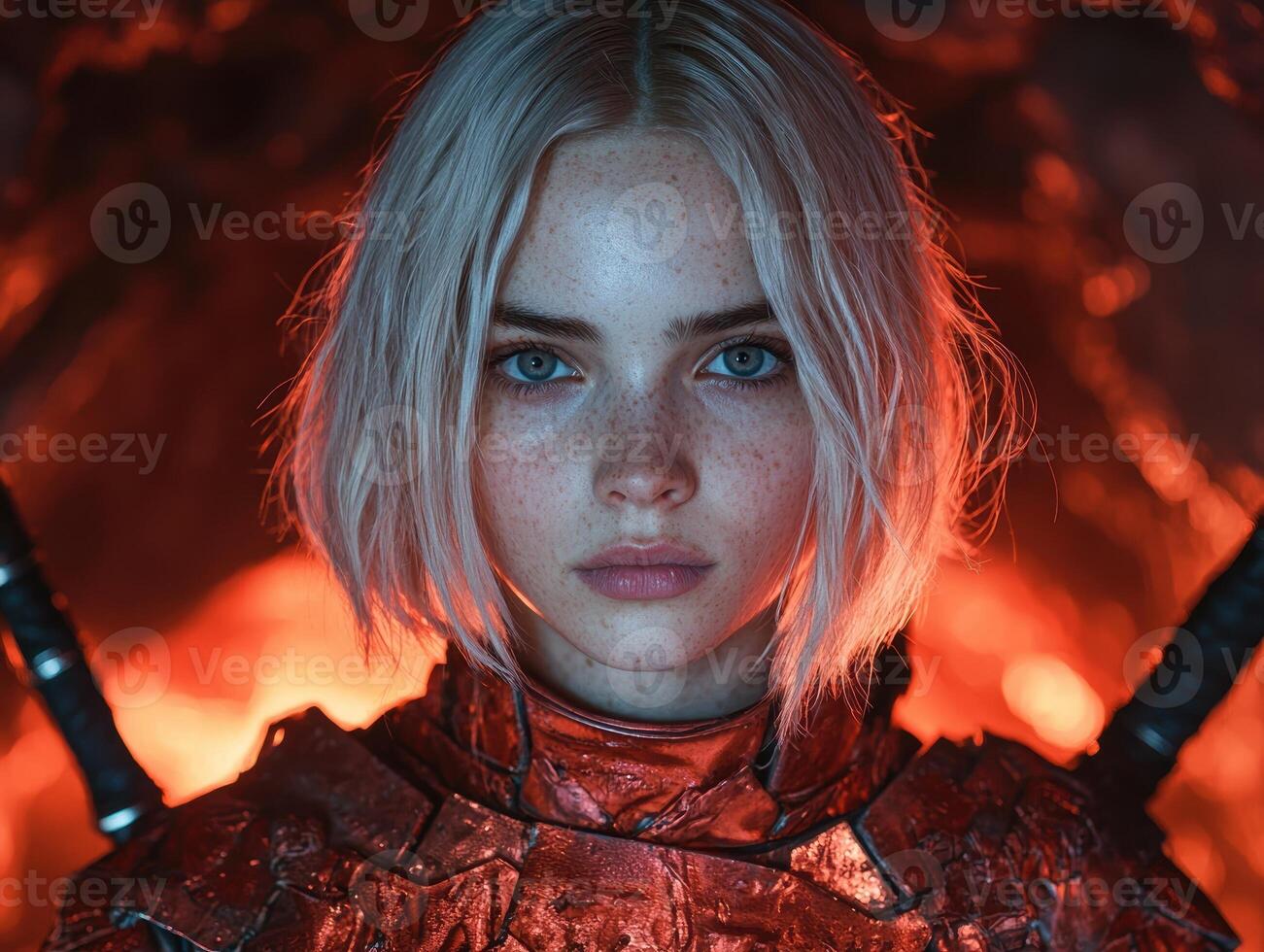 Futuristic female warrior in red armor photo
