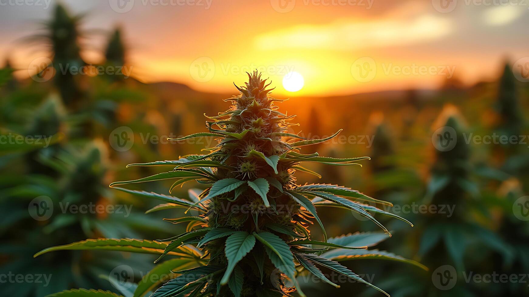 Beautiful natural cannabis plant fields at golden hour photo