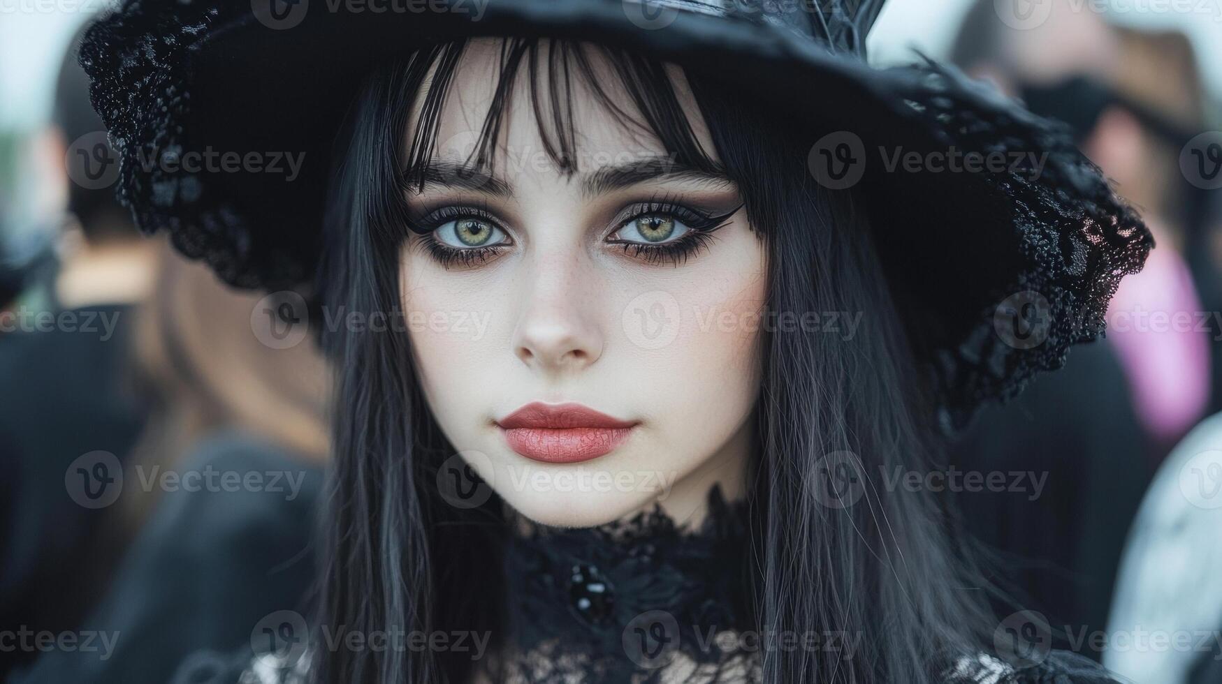 Mysterious woman in black hat and lace photo