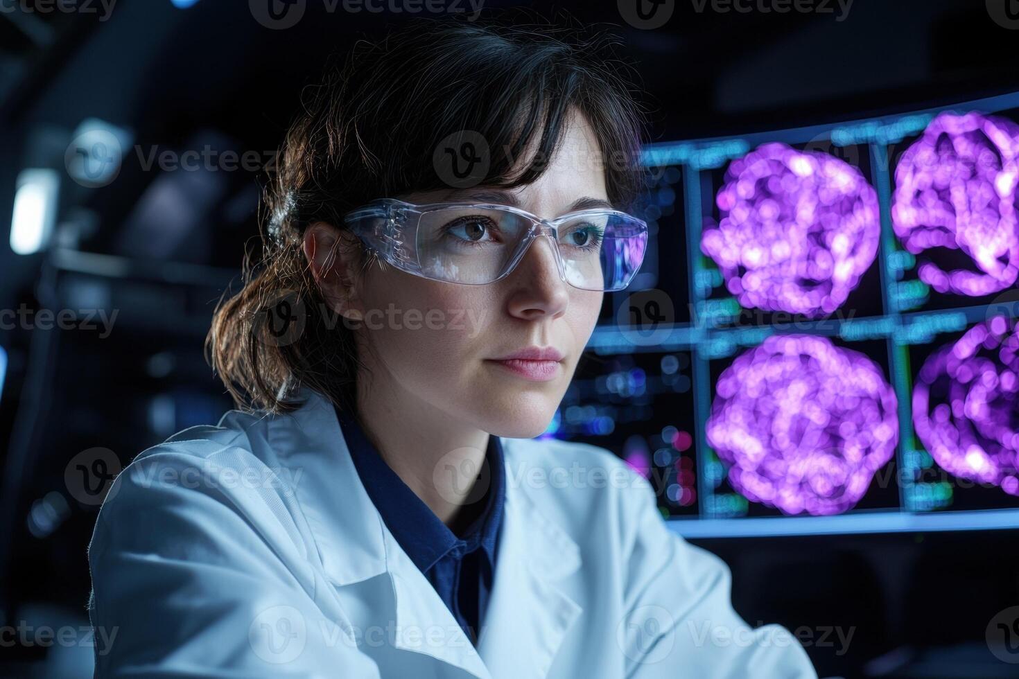 Female scientist looking at brain scan on monitor photo