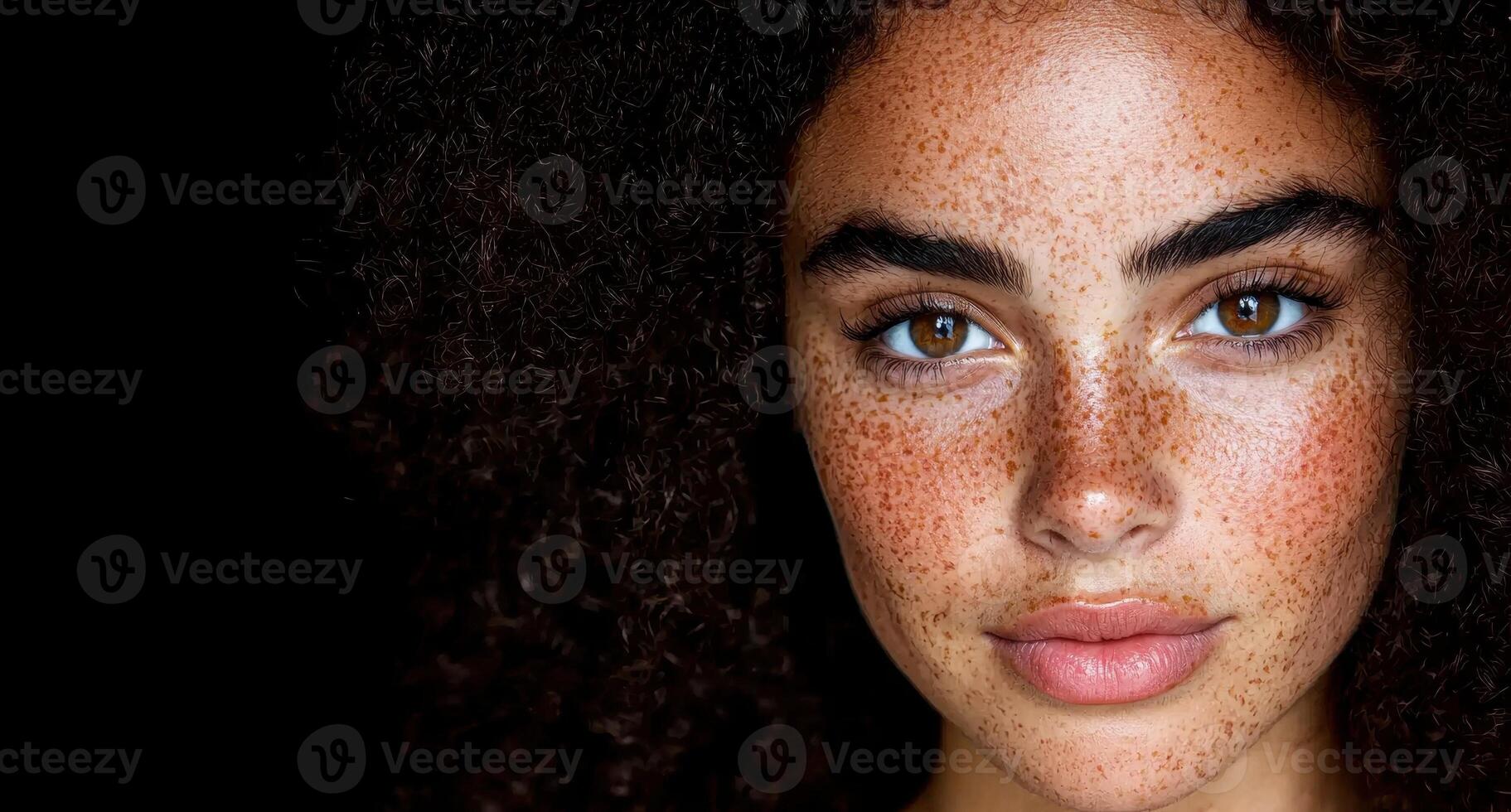 A close up portrait of a young woman with freckles and curly hair. photo