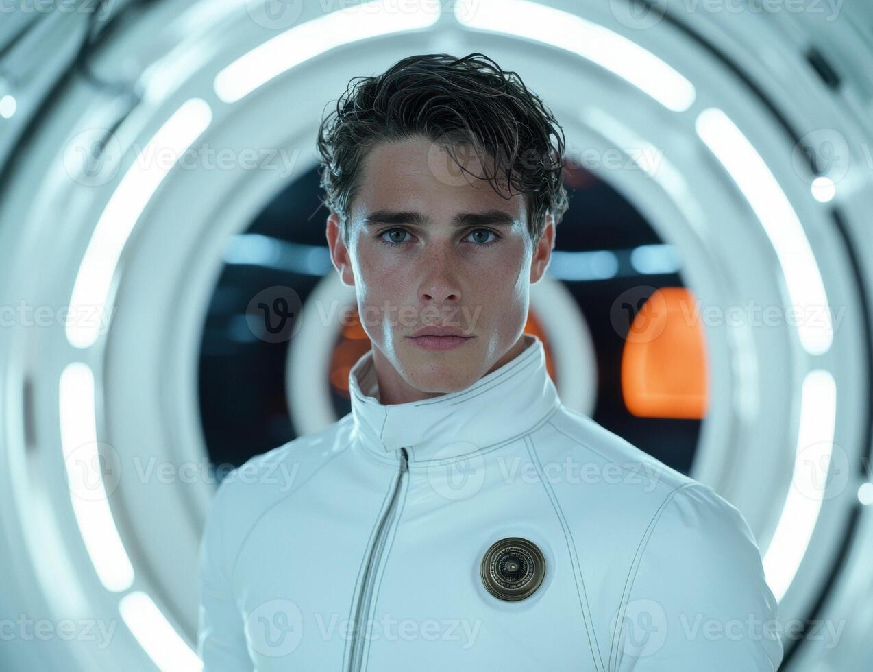 Futuristic man in white jacket photo