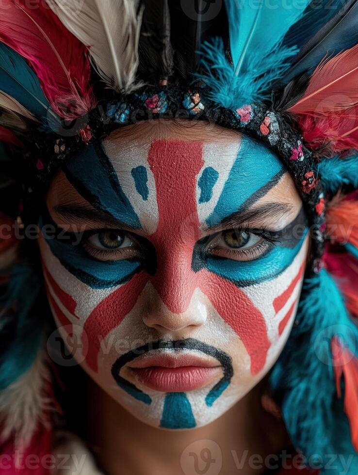 Close up portrait of a person wearing a headdress and face paint photo