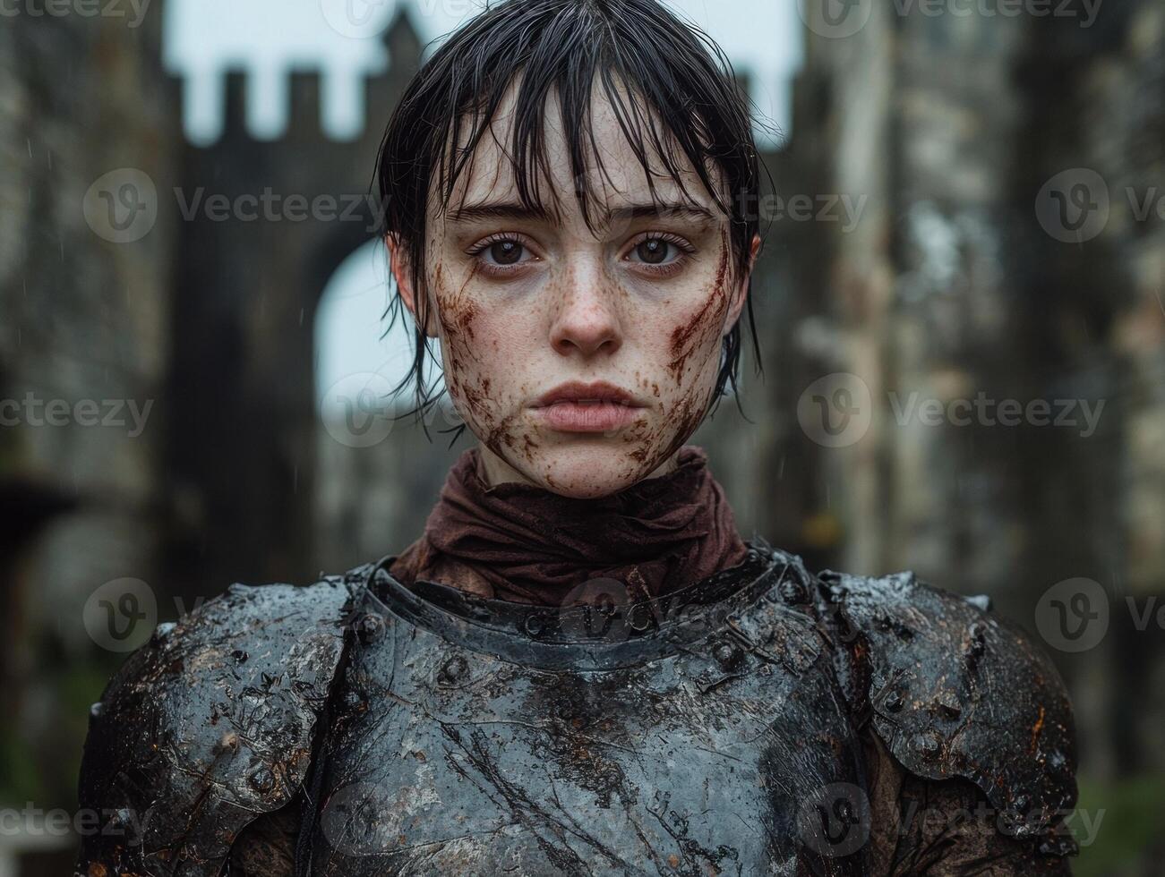 Muddy warrior woman in armor photo