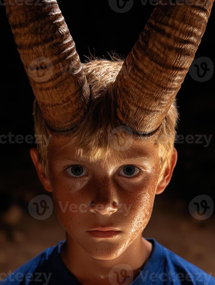 Young boy with large horns on his head photo