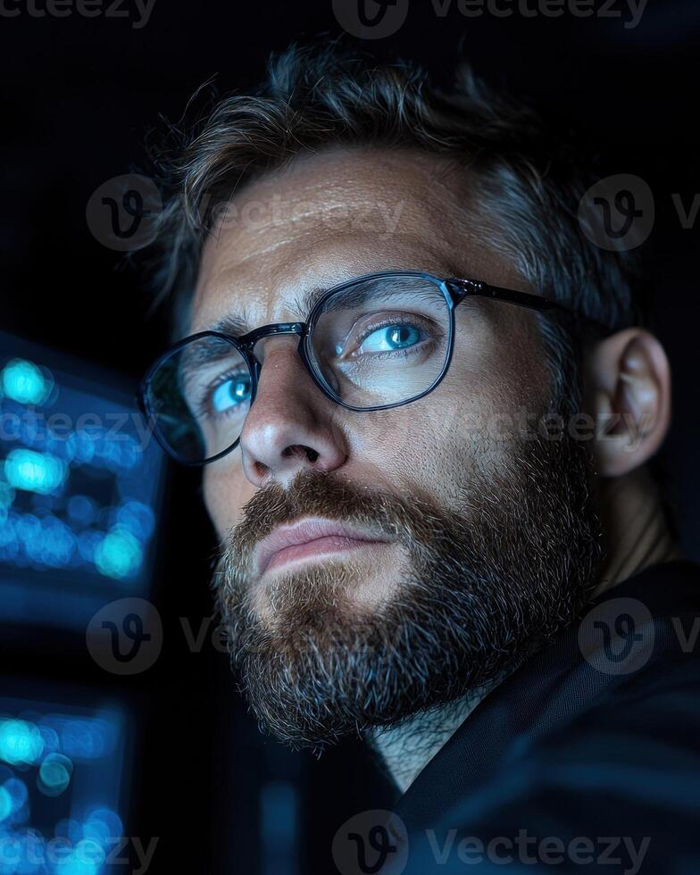 A focused programmer working late at night photo