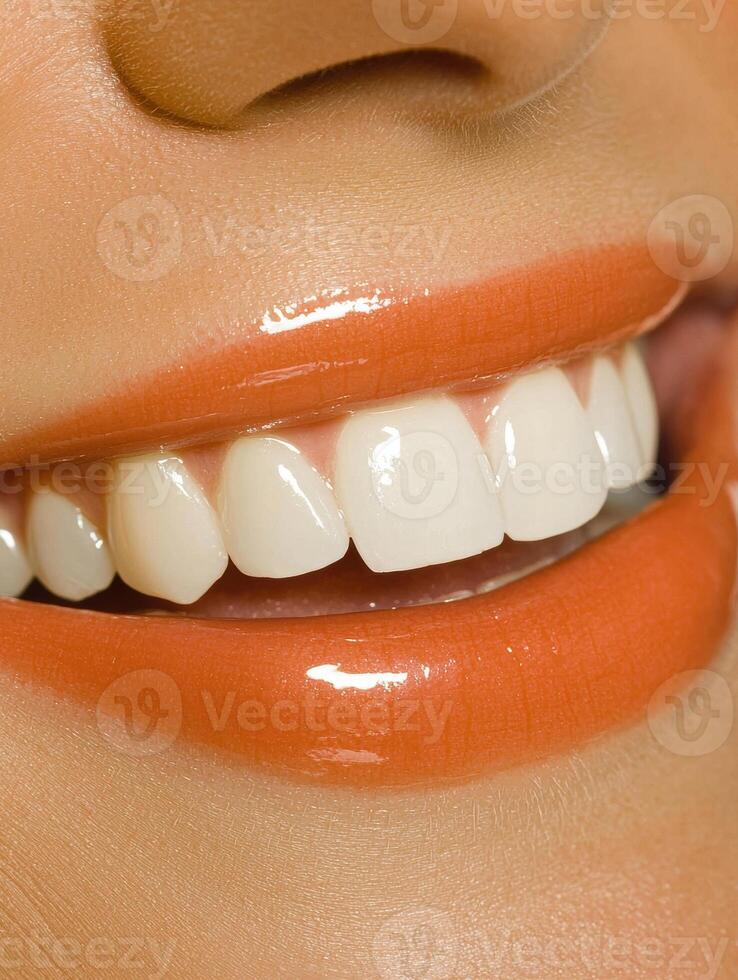Close up of a smile with orange lipstick and white teeth photo