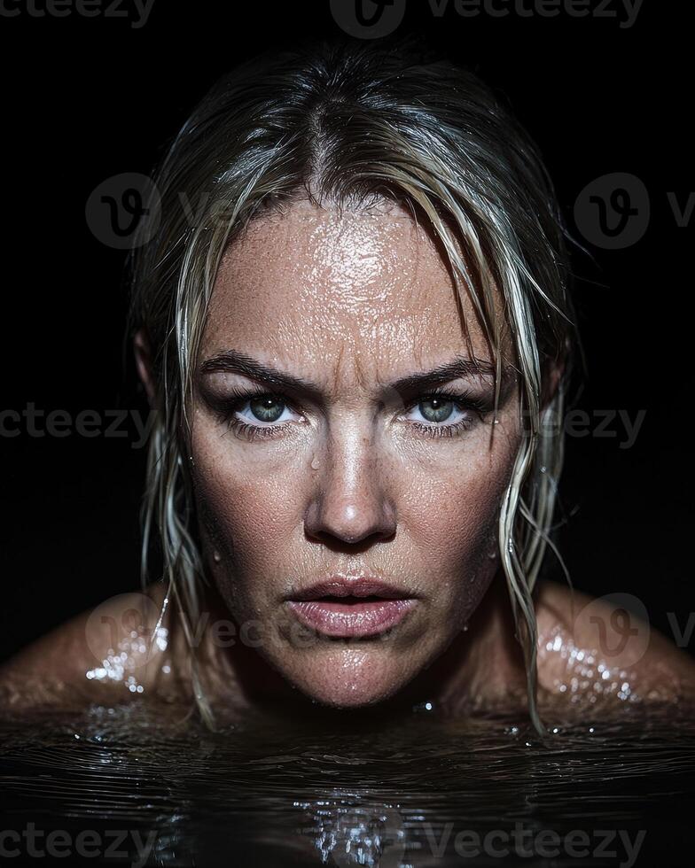 Close up portrait of a woman with wet hair and serious expression photo