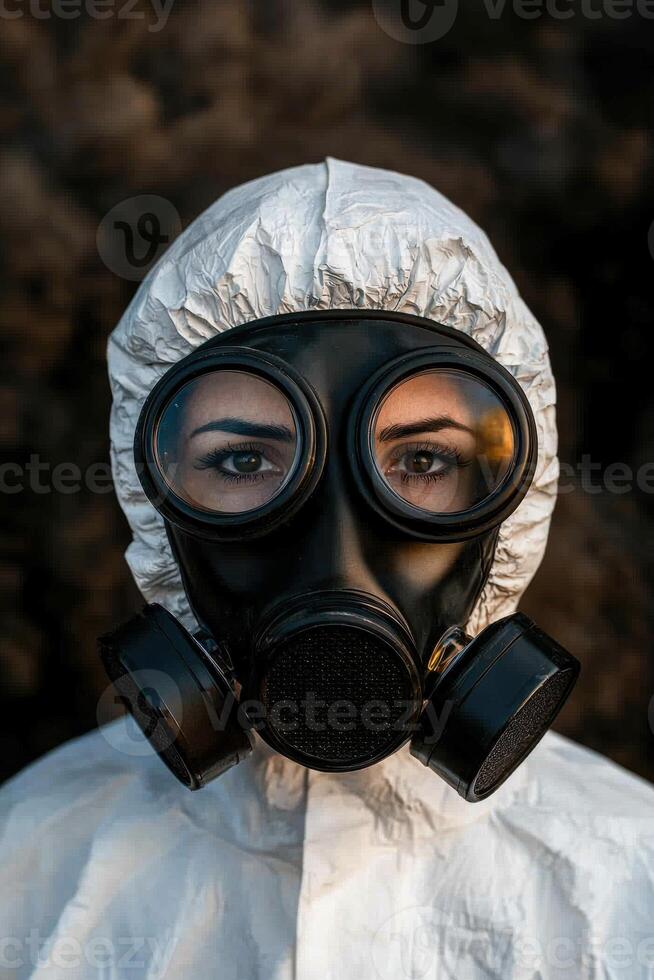 Woman in hazmat suit and gas mask photo