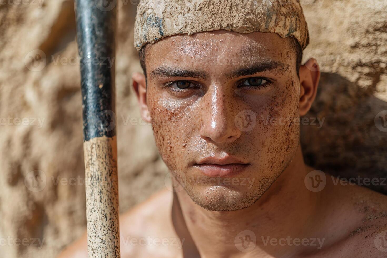 Close up portrait of a young man covered in dirt, holding a shovel photo