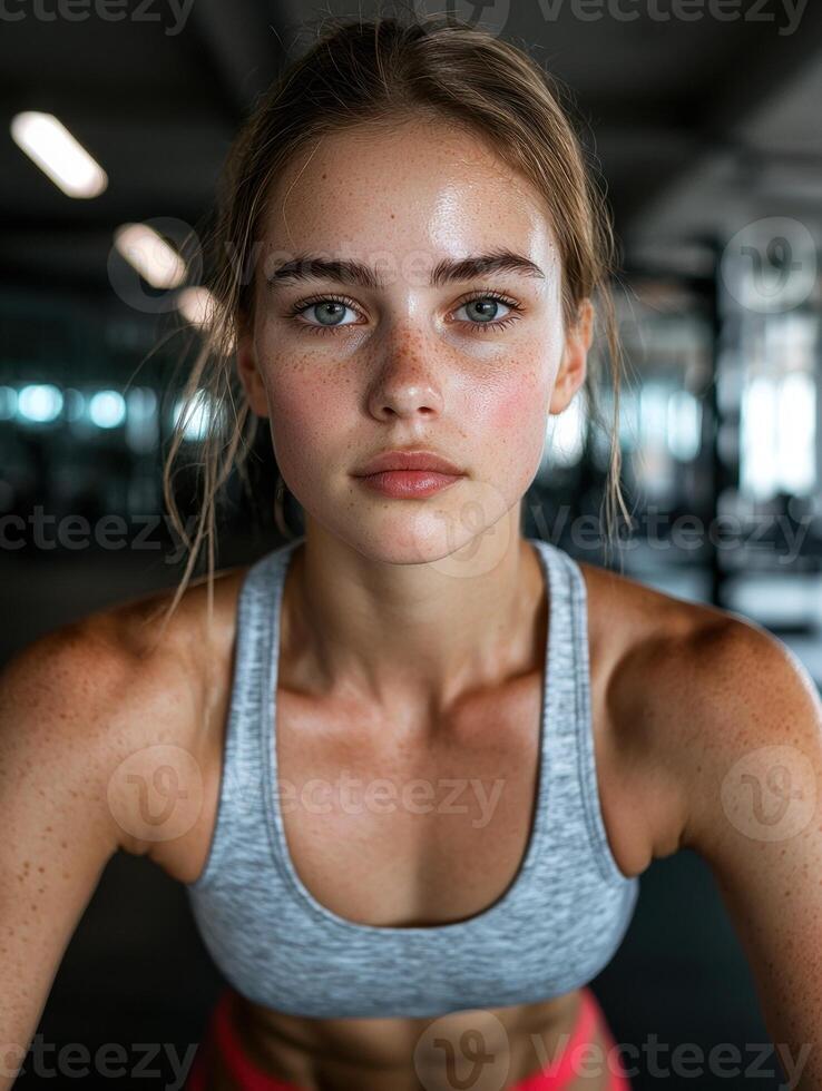 Close up portrait of a young woman with freckles, looking directly at the camera photo