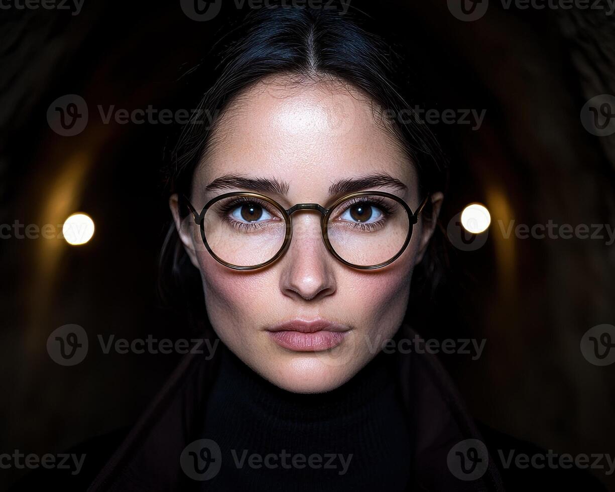 Woman with round glasses in dark tunnel photo
